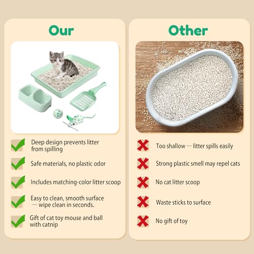 PAWISE Cat Litter Box Set, Small Kitten Starter Kit, Includes Litter Box, Litter Scoop, Double Dish Feeding Bowl, Cat Mouse Toy, Kitty Ball Toy, Green - color: Green