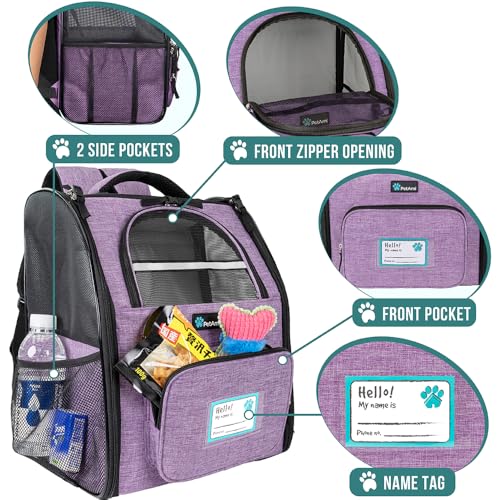 PetAmi Dog Backpack Carrier Airline Approved Cat Pet Puppy Bag, Purple | Ideal for Small Medium Large Pet up to 18 lb, 2 Side Entry Structured No-Collapse Frame, Ventilated Bookbag for Hiking Travel - color: Heather Purple