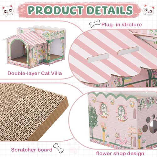 Lineshading 2 Story Cardboard Cat House with Scratcher Pad, Multi Level Durable Cat Scratcher House for Small Kitten Bunny Rabbit Animals Christmas Birthday Gift(17x12x10,Florist) - style: Florist