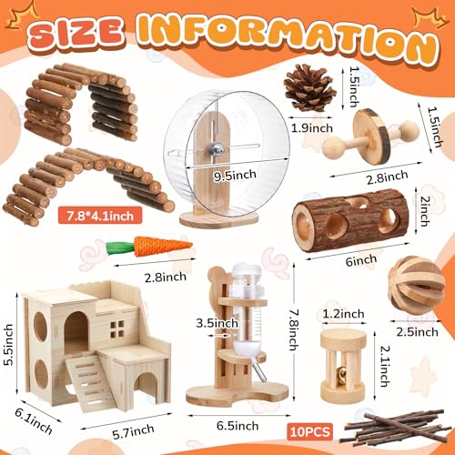 18 Pcs Hamster Cage Accessories, Silent Hamster Wheel 15 Toys Set | Maze Wood House and Water Bottle Set for Rat Mice Small Animals Habitat Decor Enrichment Starters(Natural Log Style) - style: Natural Log Style