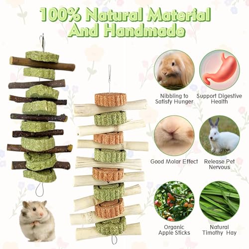Hamiledyi 4PCS Bunny Chew Toys Rabbit Hanging Toys for Teeth Grinding Natural Apple Wood Sweet Bamboo Sticks Timothy Grass&Carrot Cake for Chewing/Improving Rodent Animals Dental Health - style: Style B