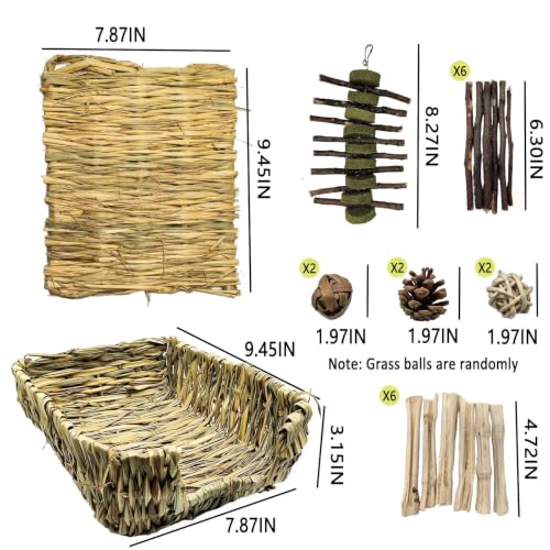 Bunny Grass Bed Mat 21Pcs Rabbit Chew Toys Set Hand-Made Woven Hay Mat | Wood&Bamboo Sticks and Timothy Grass Cake&Ball,Small Animals Teeth Grinding Chew Treat Toy for Guinea Pig - size: 21pcs