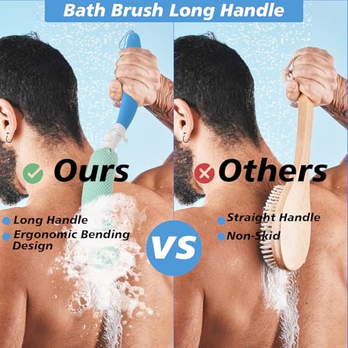 Shower Back Body Brush with Long Handle，15.35"Back Scrubber for Men & Women | Body Brush for Bath with Anti Slip Long Handle,Exfoliating Mesh Sponge Body Scrubber, Removable Curved Back Scrub Brush - size: Blue+Blue Handle