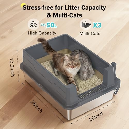 Stainless Steel Litter Box Extra Large for Big Cats Multi-Cats, Jumbo Extra Large Metal Cat Litter Box with High Sided Lid, Anti-Urine Leakage, Non-Stick,Include Litter Scoop - color: Dark Grey, size: XXXL