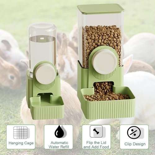 Hanging Automatic Pet Food Water Dispenser,Gravity Bunny Water Food Bowl Dispenser for Cage Kitten Rabbit,Puppy and Chinchilla Hedgehog Ferret (Green)