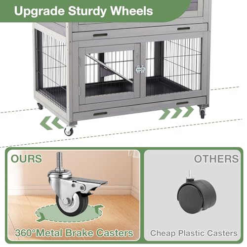 Rabbit Hutch Indoor Outdoor, Mobile Rabbit Cage with Wheels, Wooden Bunny Hutch with Leakproof Trays and Waterproof Roof, 2-Story Guinea Pig Cage - color: Grey, size: 38.6"L x 25.6"W x 44.2"H