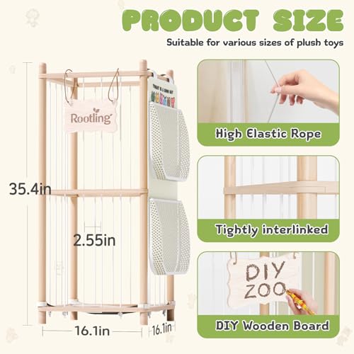 Stuffed Animal Storage & Organizer, 54 inch Tall Wooden Cute Zoo Toy Holder w/Building Block Storage Bag, Premium Wooden Material with Elastic Cord for Toddler Rooms, Playrooms (Small) - color: Natural, size: Small
