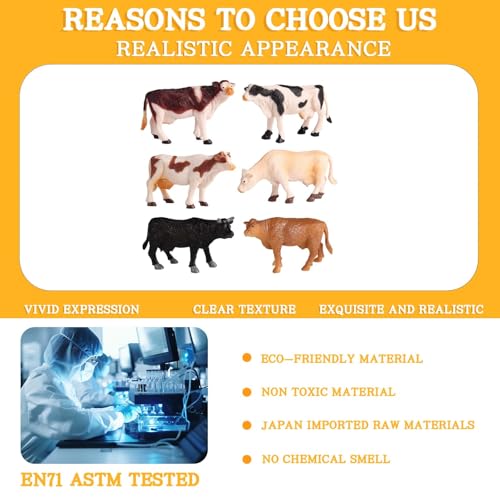 6PCS Mini Cow Figurines, Realistic Plastic Farm Animal Figures | Hard Plastic Cattle Figurines for Kids, Educational Play, Cake Toppers, Farm Displays and Party Decorations