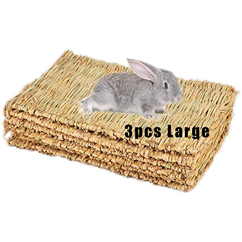 Hamiledyi Grass Mat Woven Bed Mat for Small Animal 3PCS Large Bunny Bedding Nest Chew Toy Bed Play Toy for Guinea Pig Parrot Rabbit Bunny Hamster Rat