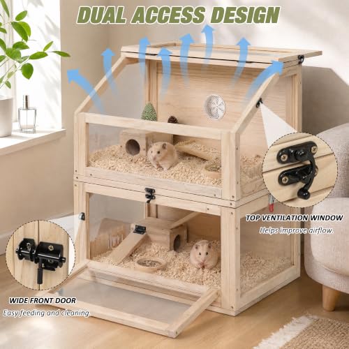 2-Tier Wooden Hamster Cage, 28"T Detachable Acrylic Habitat with Top Access | Ventilated Roof, Fold-Down Door, Closeable Passage, Dual Hideouts, Sliding Panels - color: Natural Wood, size: 23.6"L x 15.8"W x 27.6"H