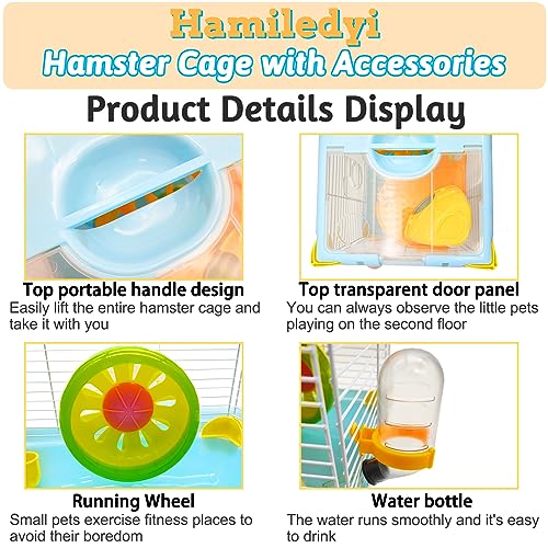 Hamiledyi Portable Hamster Cage 2 Layers Dwarf Hamster Habitat Small Animal Travel Cage with Exercise Wheel Hamster Enclosure Mouse Cage for Hamsters Mice Gerbils or Other Tiny Pets - color: Blue