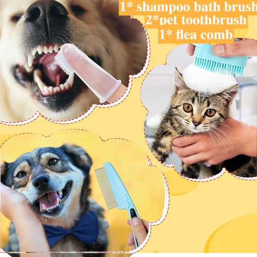 7pcs Pet Grooming Kit, Self-Cleaning Brush Shedding Kit with Nail Clipper, Flea Comb, Shampoo Bath Brush, Finger Toothbrush, Storage Bag (Blue) - color: Blue