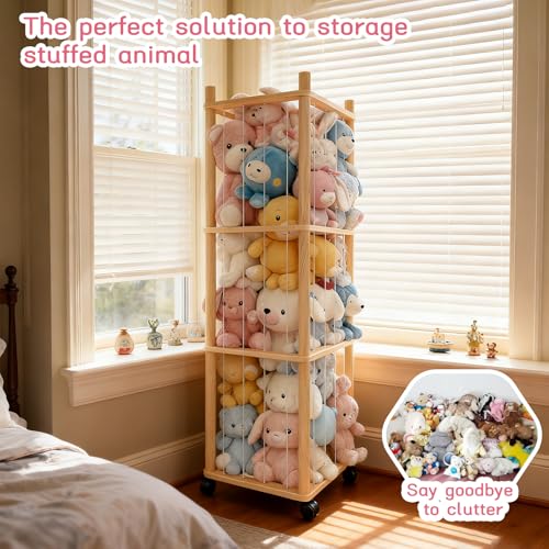 Stuffed Animal Zoo Storage with Lockable Wheels, Natural Wood | Sturdy Solid Wood Toy Organizer, Large Capacity Plush Toy Cage, Space-Saving for Toddler/Playrooms/Bedrooms - color: Natural Wood