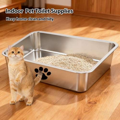 Stainless Steel Cat Litter Box,Metal Kitty Litter Pan,Kitty Shallow Litter Box for Small Animals Cats Kitty,Rabbits Toilet,Easy to Clean,Non Stick - size: 15.7"x 11.8"x 4"