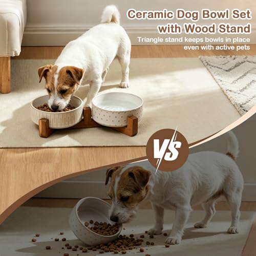 Ceramic Dog Bowl Set with Acacia Wood Stand, Ceramic Pet Bowls | 1.5–2 Cups Food & 15oz Water, Lead-Free, Smooth Glaze with Non-Slip Base for Cats and Small Dogs