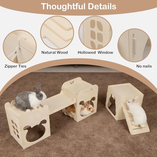 Extra Large Rabbit Castle, Wooden Bunny House & Training Bridge, Detachable Rabbit Hideaway, Indoor Hamster Castle with Ramp, Small Animal Houses & Habitats for Guinea Pig Chinchilla Ferret(2+1 House) - size: Extra Large-2+1 House