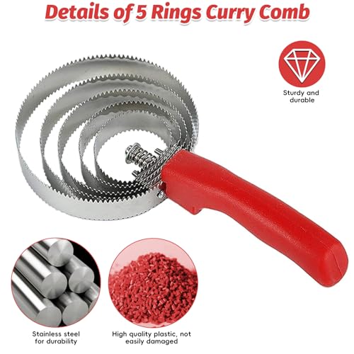 kathson 5 Rings Curry Comb Horse Brush Scraper Reversible Stainless Steel Livestock Shedding Comb with Soft Touch Grip for Dog Horse Grooming Supplies (Red)