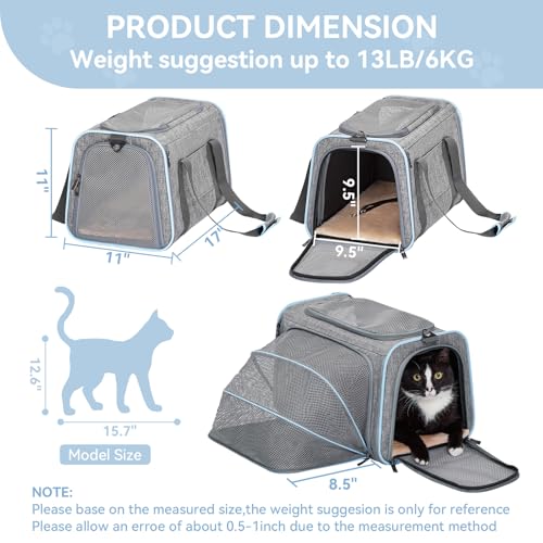 Petsfit Medium Expandable Cat Carrier for Air Travel, Up to 13 lb | 17 x 11 x 11 in; sized for Delta Airlines, with locking zippers, a handy D-ring, large pocket and multi-side ventilation. - color: Light Gray, size: 17.0"L x 11.0"W x 11.0"H