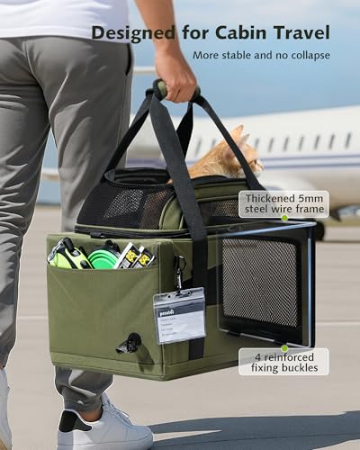 Pecute Top Expandable Airline Approved Pet Carrier for Cats, Dark Gray | Top side expandable, breathable scratch-resistant mesh, leakproof pee pad, locking zippers, foldable travel bag under 11lbs. - color: Olive Green