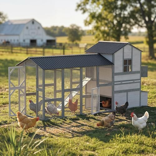 PawHut 147" Extra Large Chicken Coop Wooden Hen House for 8-10 Hens Gray | Outdoor Poultry Hutch with Run, Removable Tray, Nesting Box, Ramp for Duck Rabbit, Ventilated Windows