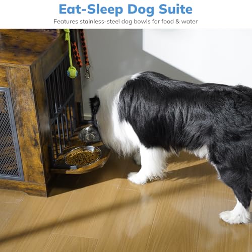 Petrova 33" Dog Crate Furniture with Storage Shelf & 2 Stainless Steel Bowls, Heavy Duty Indoor Dog Kennel for Medium/Small Dogs, Wooden Dog Cage with 4 Hooks, LED Light, Walnut Brown - color: Walnut Brown, size: 33.9"L x 21.9"W x 37.2"H