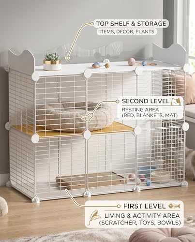 Cat Cage, DIY Cat Enclosures,Cat Playpen Indoor & Outdoor with Hammock & Cat Bowl, Detachable Metal Wire Kennel Cats Crate 42'' x 17.7'' x 31''