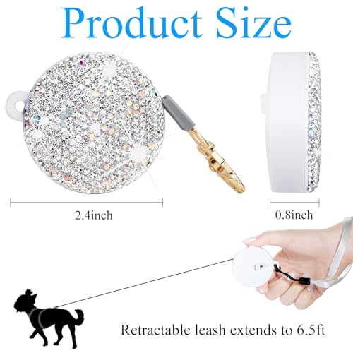 SlowVibes Bling Mini Retractable Dog Cat Leash, 6.5 ft, for Small Pet | Portable rhinestone leash for small dogs, cats, rabbits up to 11 lb, anti-pull strong nylon tape, wrist strap, one-hand brake