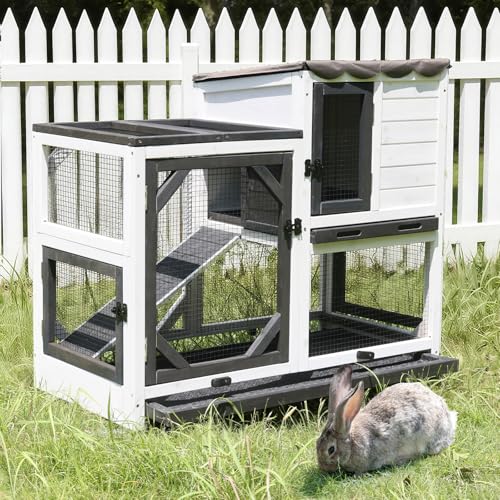 GUTINNEEN Rabbit Hutch Indoor Outdoor 2 Story Bunny House on Wheels Wood Rabbit Cage with 2 Pull Out Trays Guinea Pig Cage (Black) - size: 39.3"L x 22.0"W x 36.8"H