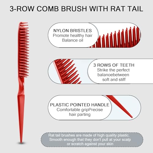 SIMPOR 3 Row Hair Comb for Natural Detangling, Hair Styling Brush, Nylon Bristle Unbraider Teasing Rat Tail Comb for Women Men Red - color: Red