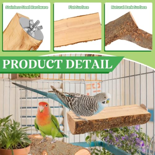 2 Pcs Natural Apple Wood Bird Perch Platform for Cage | Fits Small Parrots (Budgies, Conures) | Flat Top & Bark Underside to Support Foot Health | Tool-Free Mount