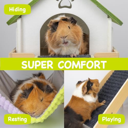 BESNEW 3 in 1 Enlarged Guinea Pig Hammock,Wooden Guinea Pig Hideout with House & Platform & Stairs Small Animal Toys for Hiding Sleeping Activities - color: Matcha White