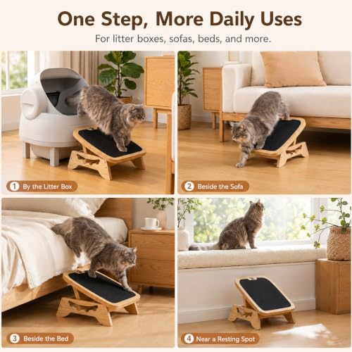 Wooden Litter Box Ramp, 4-Position Adjustable Cat Step for Automatic | and High-Entry Litter Boxes, Stable Elevated Pet Step for Senior Cats, Kittens and Small Cats