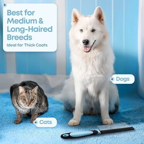 Flexzion Metal Dog Comb for Grooming and Dematting, Blue Soft-Grip Handle | Detangling Pet Comb for Dogs and Cats with Rounded Stainless Steel Teeth and a Non-Slip Grip - color: Blue