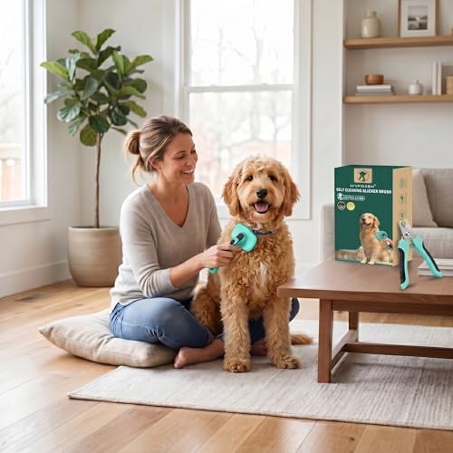 Self Cleaning Slicker Brush & Nail Clippers for Dog and Cats | 2 Pcs, Shedding Long and Short Haired Pets, Skin Friendly, Deshedding Grooming Tool - color: Green 2 PCS