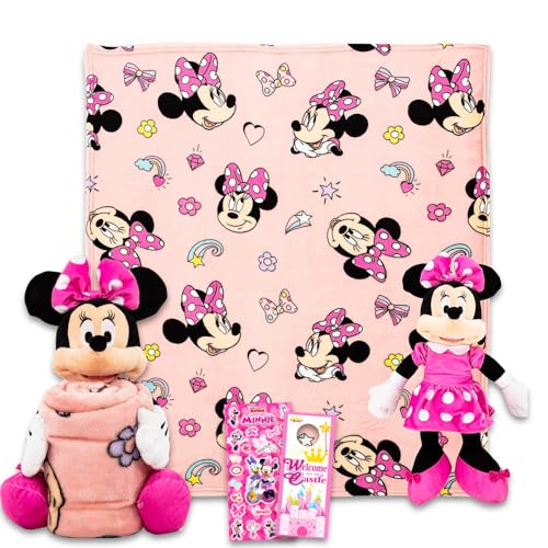 Disney Minnie Mouse Throw Blanket and Character Pillow - Bundle with Blanket, Hugger Character, Stickers, More | Minnie 40x50 Throw for Kids & Teens