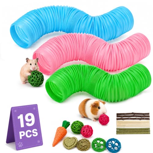 19 PCS Hamster Tubes and Wood Hamster Chew Toys, Natural Guinea Pig Chew Toys for Enrichment, Pet Cage Accessories for Syrian, Cage Accessories for Teeth Care & Boredom Relief (Pink Blue Green)
