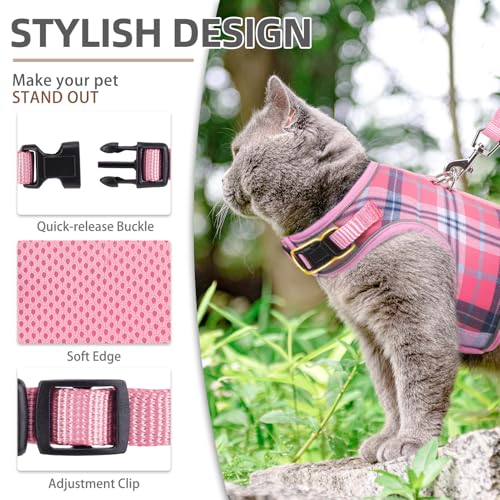 PUPTECK Soft Mesh Cat Vest Harness and Leash Set Puppy Padded Pet Harnesses Escape Proof for Cats Small Dogs Rabbits Bunny, Plaid Pink, L - color: Light Pink(Plaid), size: L(NECK 8.5"-10.5", CHEST 12.5"-15", 6-10 lbs)