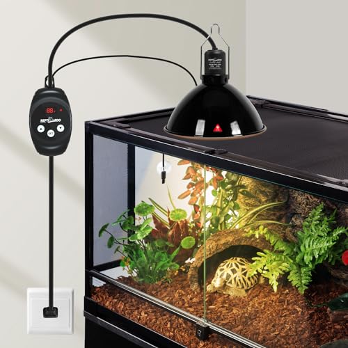 REPTI ZOO Reptile Light Fixture with Dimming Thermostat, 8.5 Inch Deep Dome Lamp Fixture with Reptile Heat Lamp Bulb Temperature Controller Reptile Dimming Thermostat Max 150W - size: 8.5 Inch