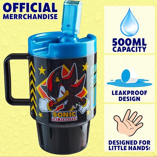 Get Trend Sonic the Hedgehog Kids Water Bottle with Straw 16.9 oz BPA Free Plastic Cup with Lid Handle Reusable Drinking Tumbler for School Gifts for Kids (Black Sonic) - color: Black Sonic