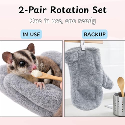 Sugar Glider Cage Accessories Pet Handling Gloves, 2 Soft Bonding Mitts + 2 Mini Feeding Spoons, Cage-Side Care Set Grooming, Treat Portioning Daily Handling, For Sugar Glider Hamster Hedgehog (Grey) - color: Grey