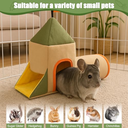 Guinea Pig Hideout and Toys, Castle Theme Small Pet Tunnel and Bed with Flag for Bunny Rabbit Ferret Hamster Chinchilla Hedgehog Hiding and Resting, 17.3in Long(Khaki)