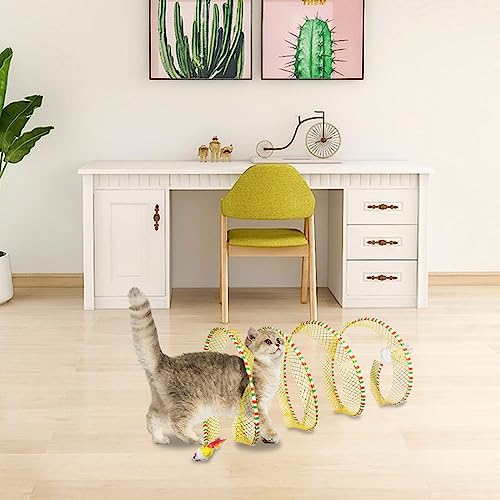 Andiker Cat Tunnel Toy, 10inch Collapsible Metal Cat Spring Toy with Nylon Mesh, Feather, Mouse, and Bell, Interactive Cat Toys for Indoor Cats to Scratch, Puzzle, Relax and Kill Time (Yellow) - color: Yellow