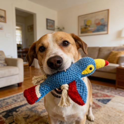 Dog Squeaky Toy Plush Toucan Dog Chew Toy with Knotted Rope Tassels, Teething Interactive Tug Toy for Puppies & All Dog Breeds - color: Blue Bird