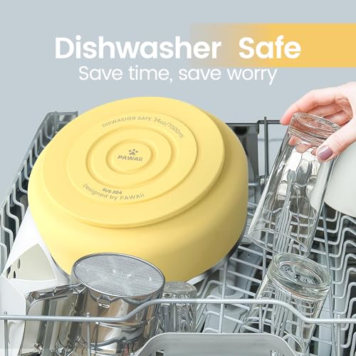 Pawaii Dog Bowl,34 oz Stainless Steel Food and Water Bowl,ID Tag,1 Pack | Double-Wall Design,Non-Slip Rubber Base,Dishwasher Safe,Smooth Open Design, Not a Slow Feeder,Easy-Rinse Interior - color: Cheese Yellow, size: 34oz
