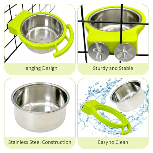 Stainless Steel Bird Bowls for Cage 2 Pcs Parrot Feeding Dish Metal Food and Water Cups Detachable Birds Cage Feeder Hanging Finch Food Plates with Perch for Parakeet Budgie Lovebird (Green) - color: Green