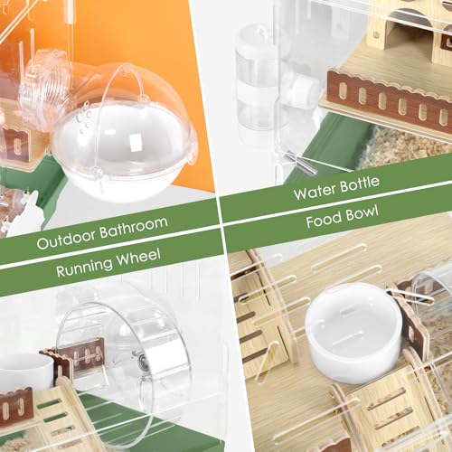 Acrylic Hamster Cage Clear Hamster Houses for Small Pet Mice | Running Wheel, Hideout, Food Bowl, 360 Viewing Transparent Pet Mice Cage for Syrian Dwarf Hamsters, Gerbils, Green - color: Green