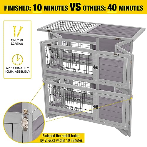 Aivituvin Large Rabbit Hutch Indoor and Outdoor Folding Bunny Cage on Wheels Guinea Pig Cage with Deep No Leak Pull Out Tray,Upgrade Version (Light Gray)