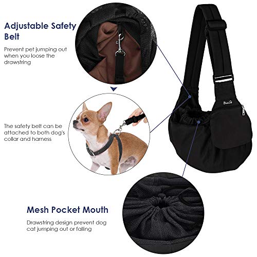 Lukovee Pet Sling, Small Pet Carrier, Hard Bottom Support & Safety Hook | Adjustable Drawstring Opening, Comfortable Padded Shoulder Strap, Zipper Pocket, Dog Slings Purse for Small Dog Cat (Black) - color: Black