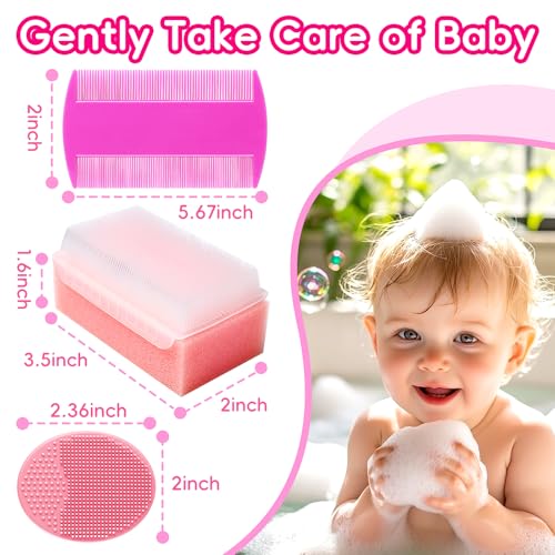 Cradle Cap Brush for Babies, Baby Bath Essentials with Silicone Scrubber Bath Sponge Dual-Sided Comb for Newborns Toddlers Boys Girls (Pink, Set of 5) - color: Pink Brush+comb