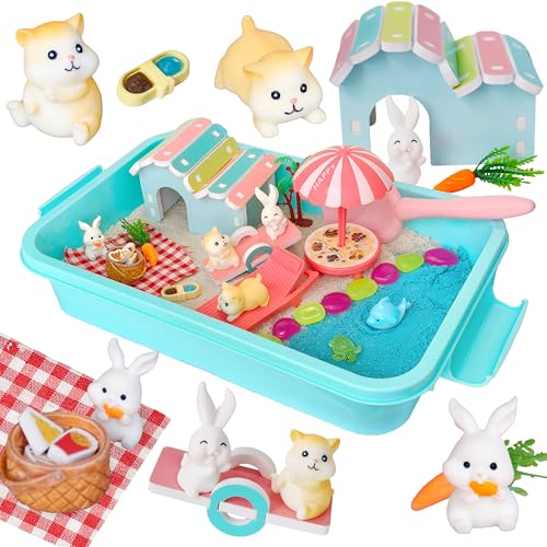 Carolart Hamster Sensory Bin, Animal Play Set, Sand Box with Glow Stones | Rabbit and hamster pretend play sandbox, sensory sand activity, pet habitat toy, gift for kids ages 3-8 - style: Hamster